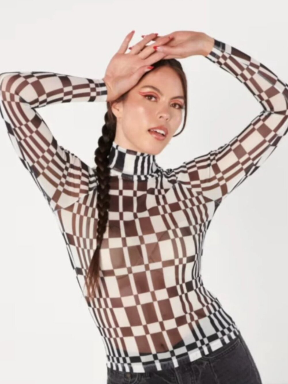 Tuesday of California Blouse Womens 1X Agnes Checkerboard Mock Neck Long-Sleeve